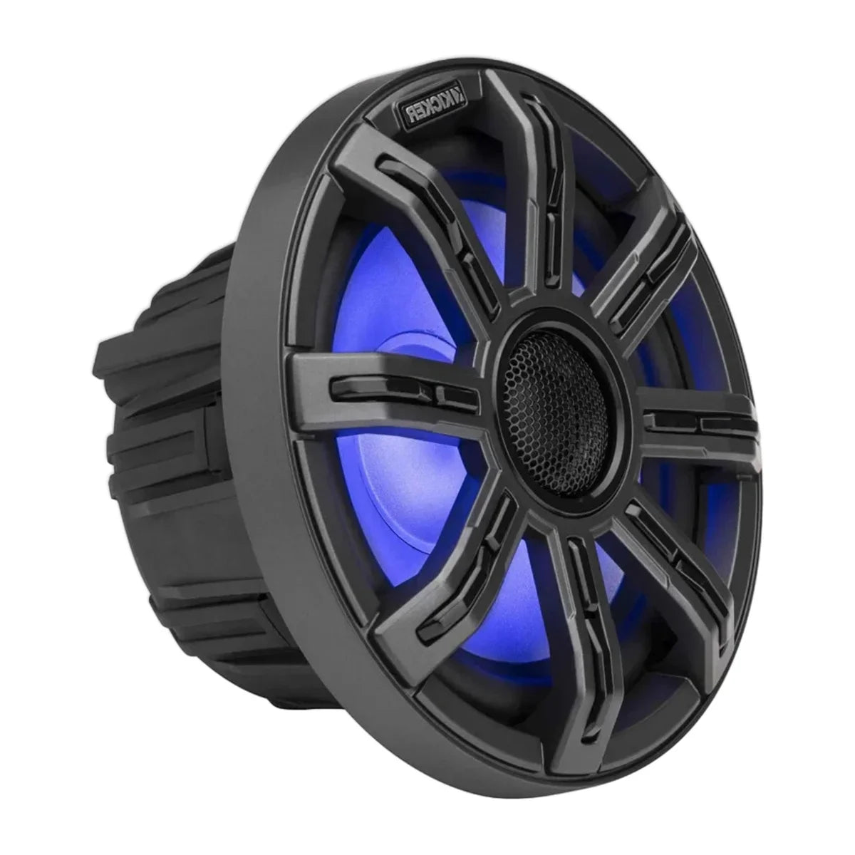 image of a marine kicker speaker with purple ambient lighting behind the grill on a white background