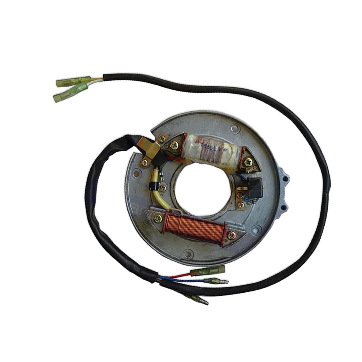 Image of a coil style outboard engine alternator on a white background.