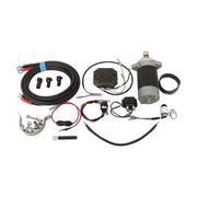 Image of a Tohatsu outboard electric start conversion kit including wiring, a starter motor, and a flywheel, on a white background.