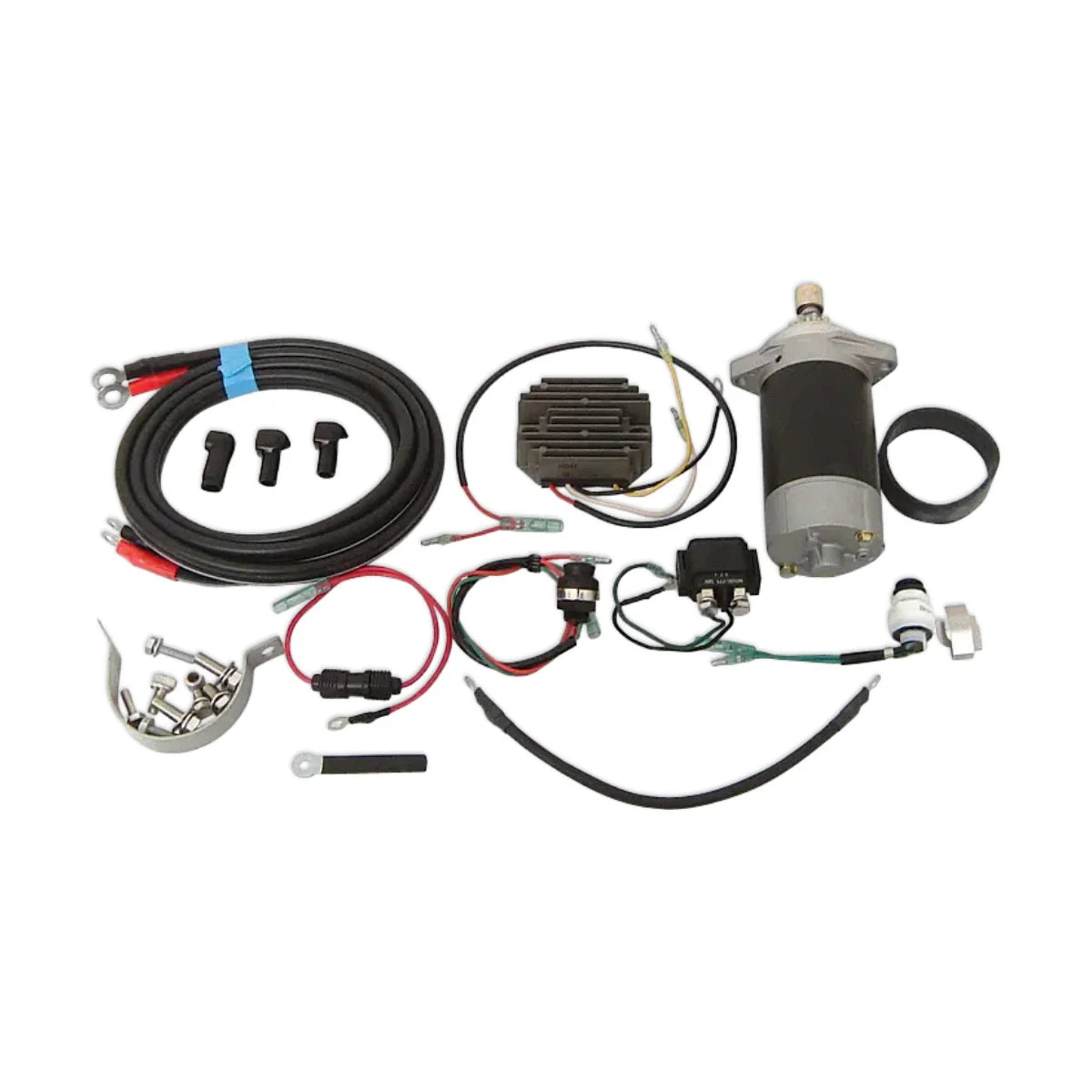 Image of a Tohatsu outboard electric start conversion kit including wiring, a starter motor, and a flywheel, on a white background.
