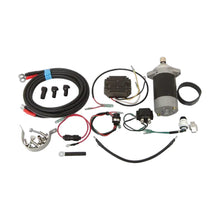 Image of a Tohatsu outboard electric start conversion kit including wiring, a starter motor, and a flywheel, on a white background.