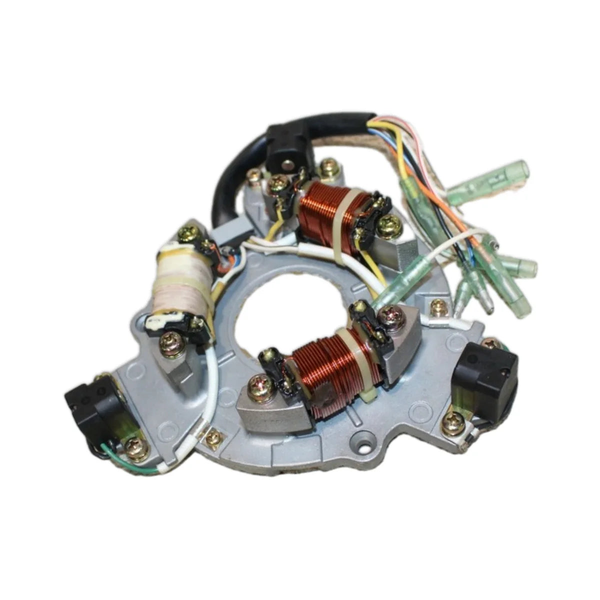Image of a coil style outboard engine alternator on a white background.