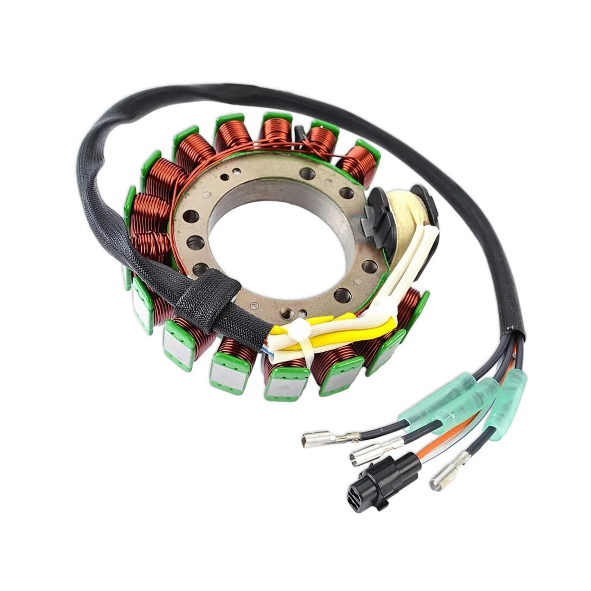Image of a coil style outboard engine alternator on a white background.