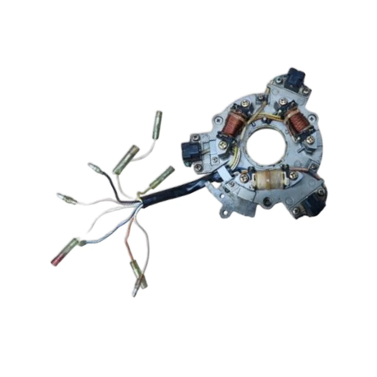 Image of a coil style outboard engine alternator on a white background.