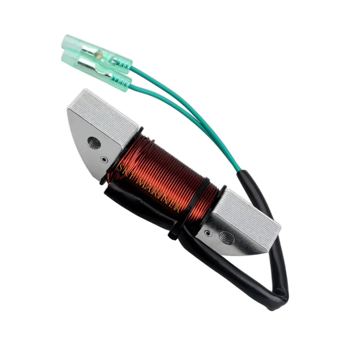 Image of a coil style outboard engine alternator on a white background.