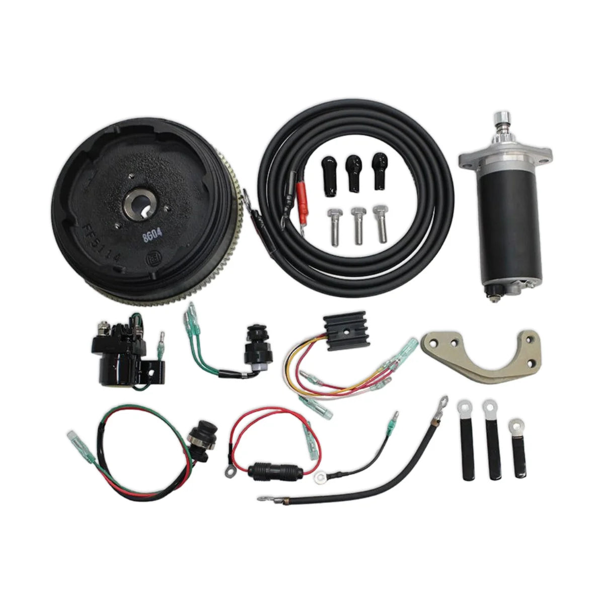 Image of a Tohatsu outboard electric start conversion kit, including wiring, a starter motor, and a flywheel, on a white background.
