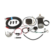 Image of a Tohatsu outboard electric start conversion kit, including wiring, a starter motor, and a flywheel, on a white background.