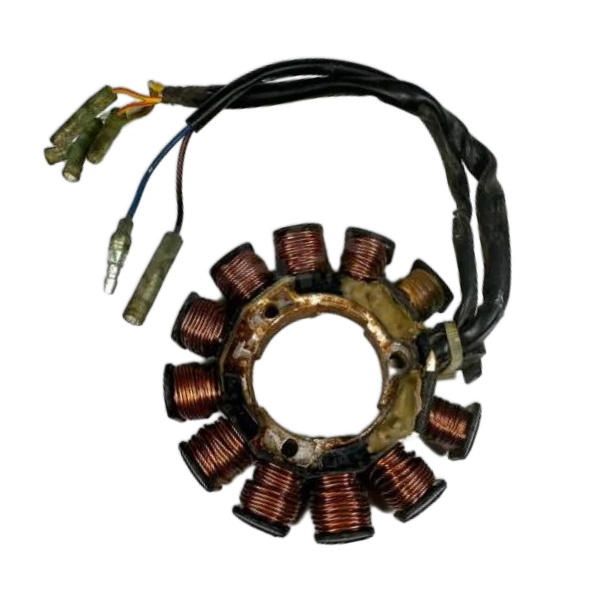 Image of a coil style outboard engine alternator on a white background.