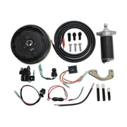 Image of a Tohatsu outboard electric start conversion kit, including wiring, a starter motor, and a flywheel, on a white background.