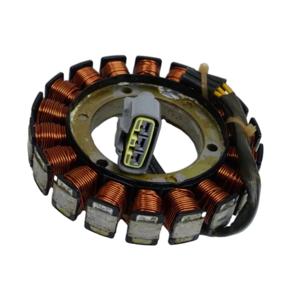 Image of a coil style outboard engine alternator on a white background.