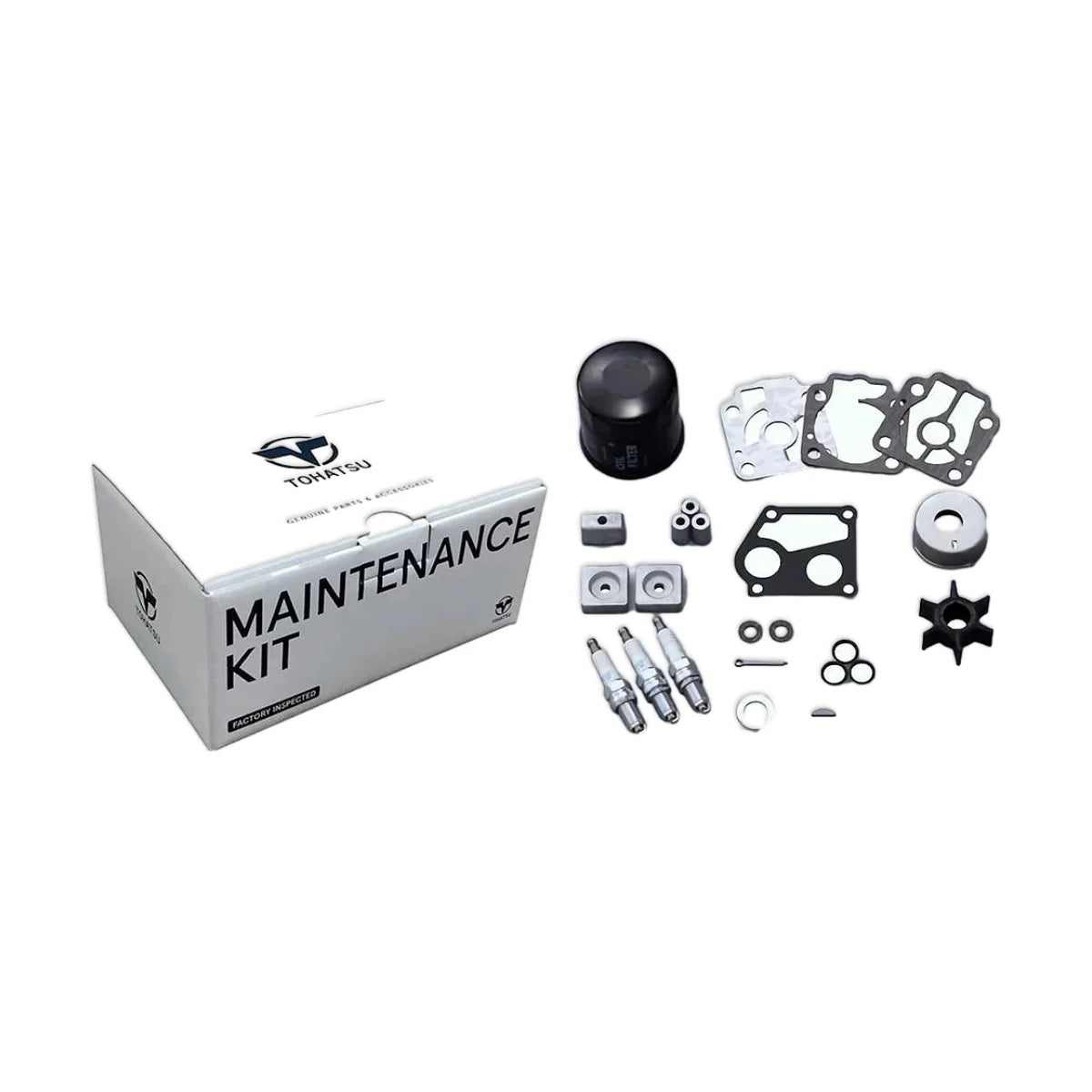 Image of various engine service and maintenance parts on a white background.