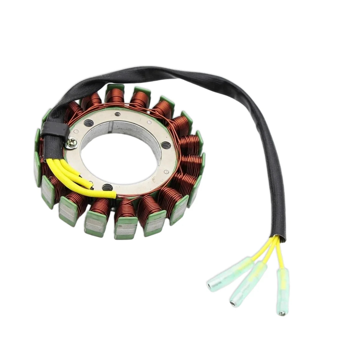 Image of a coil style outboard engine alternator on a white background.