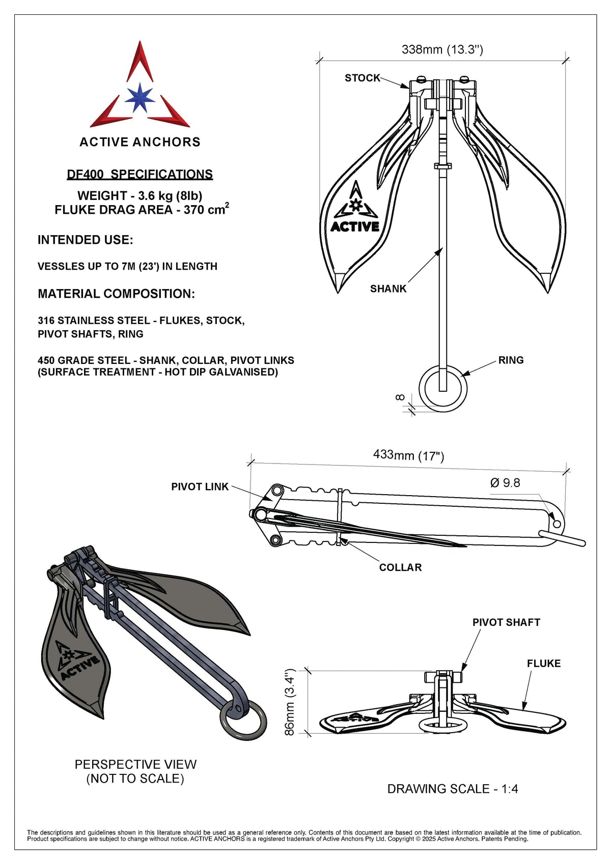 ACTIVE DF400 - Anchor for fishing boats & runabouts 4-6.5 Metres (14-22') in length