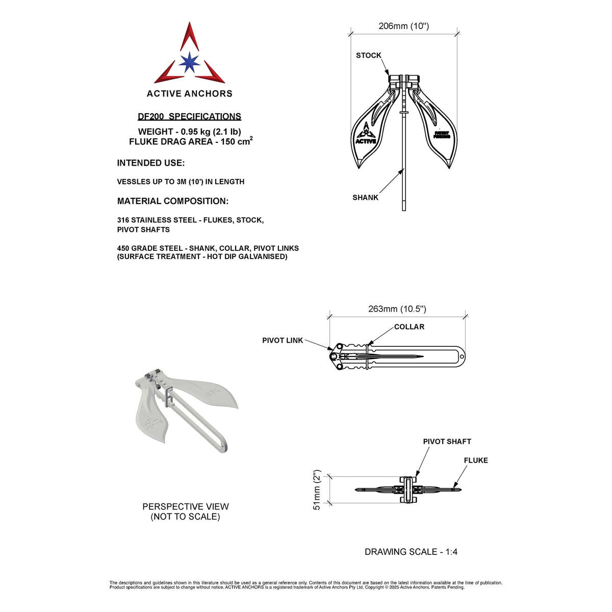 Active Anchors DF200 technical specification drawing showing anchor dimensions, stainless steel flukes, galvanised shank and weight.