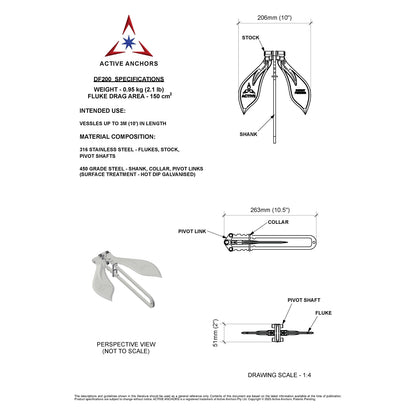 Active Anchors DF200 technical specification drawing showing anchor dimensions, stainless steel flukes, galvanised shank and weight.