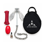 Active Anchors DF200 releasable boat anchor kit with stainless steel flukes, chain, red-and-blue rope, float and black carry bag.