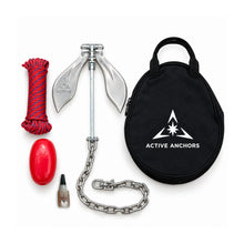 Active Anchors DF200 releasable boat anchor kit with stainless steel flukes, chain, red-and-blue rope, float and black carry bag.