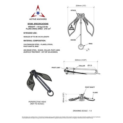 Active Anchors DF300 technical drawing showing 1.6 kg anchor weight, 254 mm fluke width, 324 mm length and labelled components.