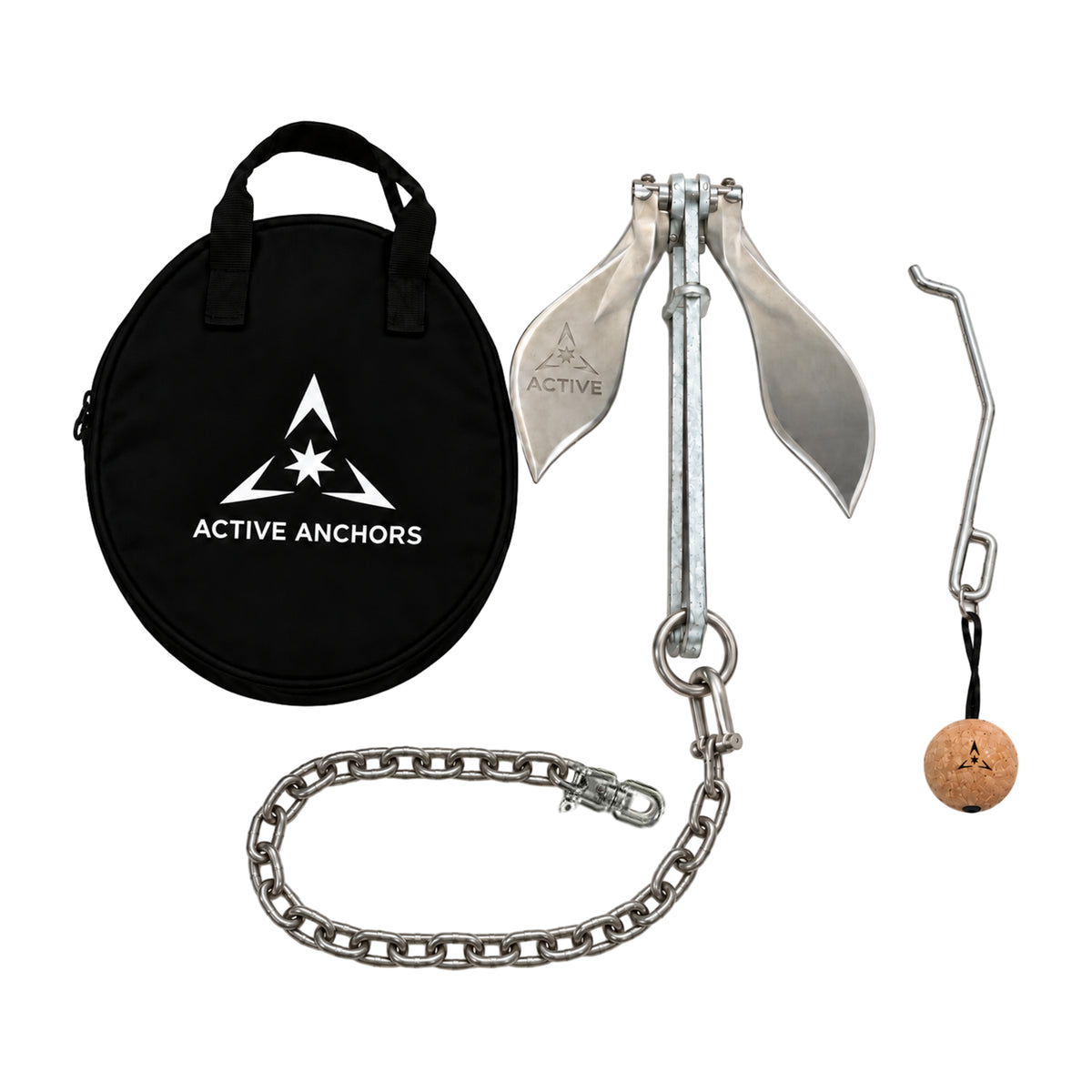 Active Anchors DF300 releasable boat anchor kit with stainless steel flukes, galvanised shank, chain, black carry bag and cork-float release tool.