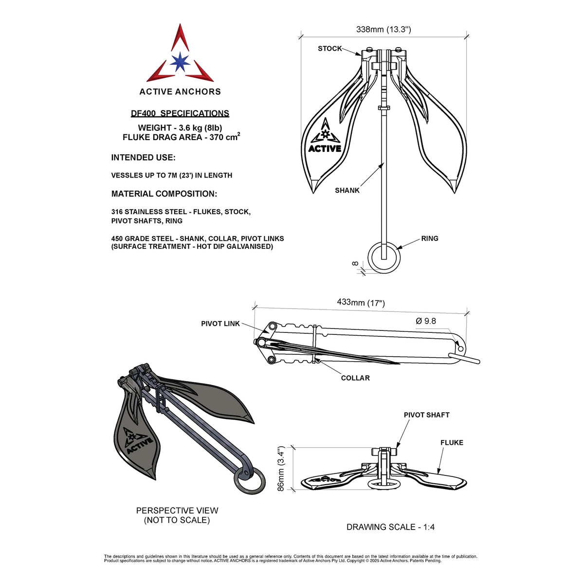 Active Anchors DF400 technical drawing showing 3.6 kg weight, 338 mm fluke width, 433 mm length and anchor components.