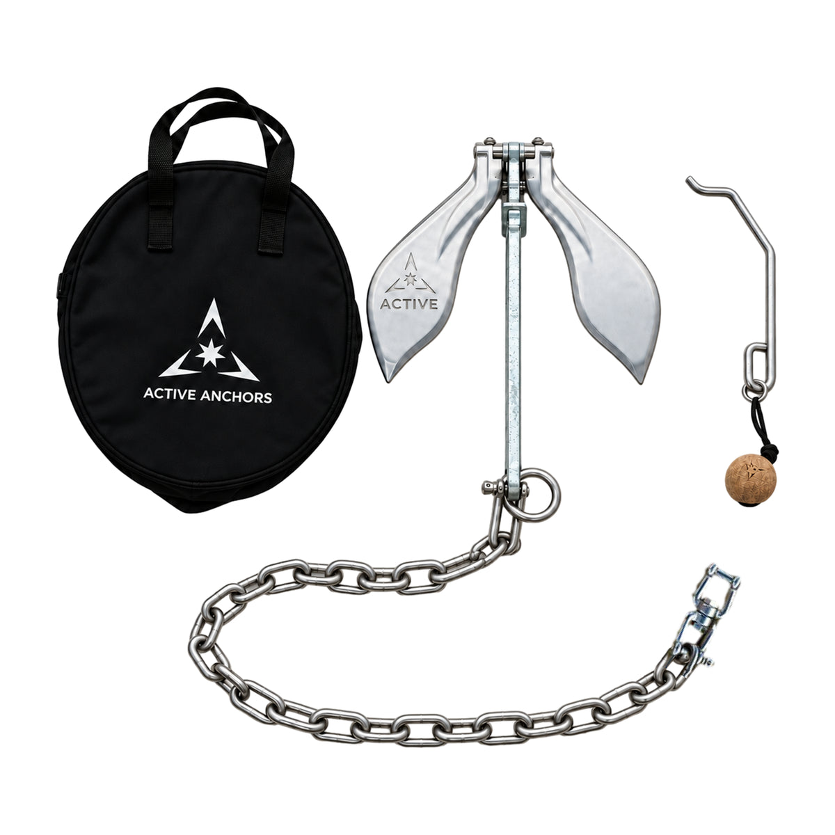 Active Anchors DF400 releasable boat anchor kit with stainless steel flukes, galvanised shank, chain, black carry bag and cork-float reset tool.