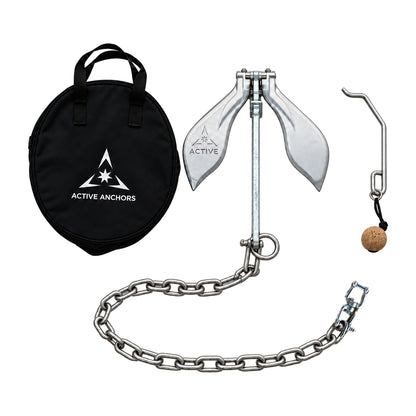 Active Anchors DF400 releasable boat anchor kit with stainless steel flukes, galvanised shank, chain, black carry bag and cork-float reset tool.