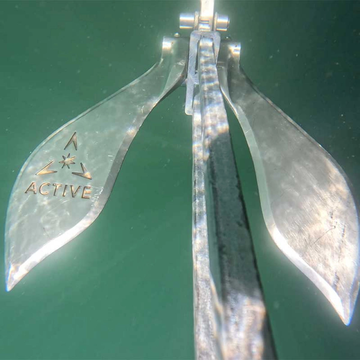 Underwater close-up of the Active Anchors DF500 releasable boat anchor showing its two curved stainless steel flukes and central shank.