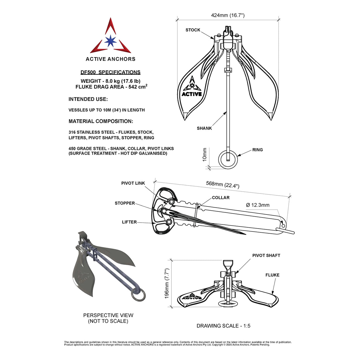 Active Anchors DF500 technical drawing showing 8 kg anchor weight, 424 mm fluke width, 568 mm length and labelled components.