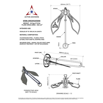 Active Anchors DF500 technical drawing showing 8 kg anchor weight, 424 mm fluke width, 568 mm length and labelled components.