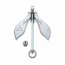 Active Anchors DF500 releasable boat anchor with stainless steel flukes, galvanised steel shank, attachment ring and metal fitting.