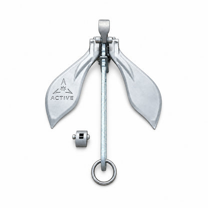 Active Anchors DF500 releasable boat anchor with stainless steel flukes, galvanised steel shank, attachment ring and metal fitting.