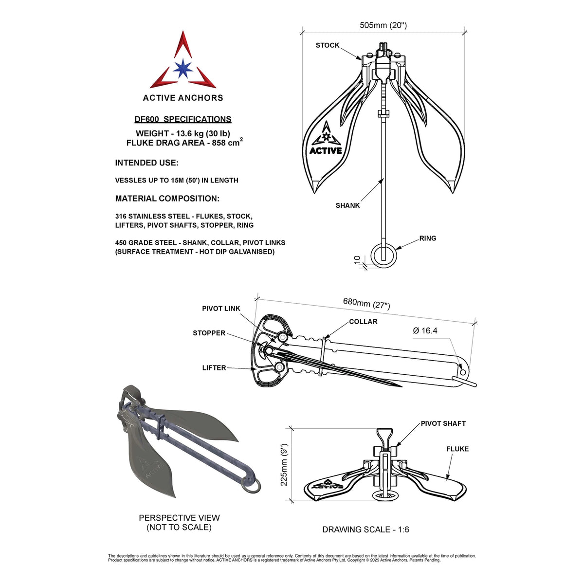 Active Anchors DF600 technical drawing showing 13.6 kg weight, 505 mm fluke width, 680 mm length and labelled anchor components.