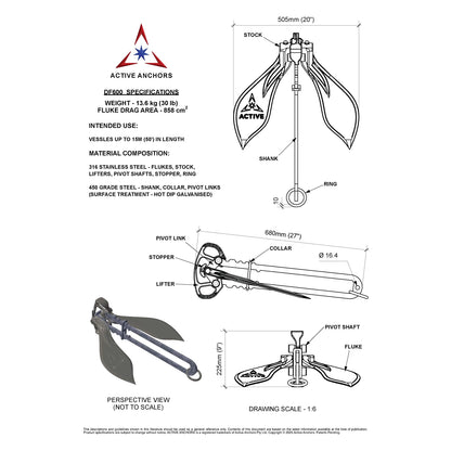 Active Anchors DF600 technical drawing showing 13.6 kg weight, 505 mm fluke width, 680 mm length and labelled anchor components.