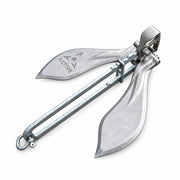 Active Anchors DF600 releasable boat anchor with curved stainless steel flukes, galvanised steel shank and lifting mechanism on a white background.
