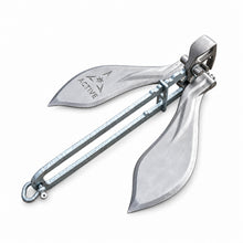 Active Anchors DF600 releasable boat anchor with curved stainless steel flukes, galvanised steel shank and lifting mechanism on a white background.