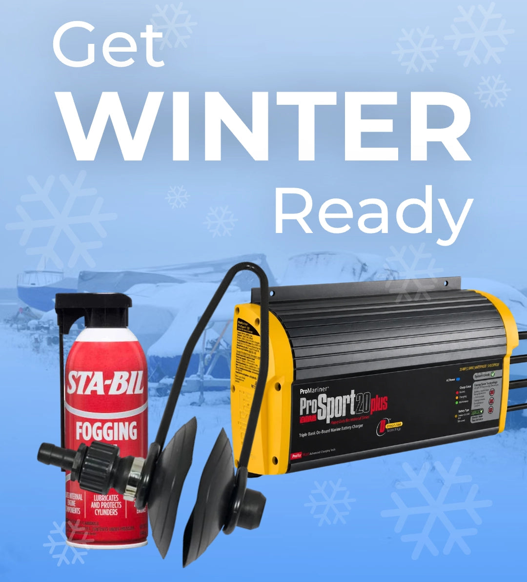 "Get winter ready" with a battery charger image and other winter products