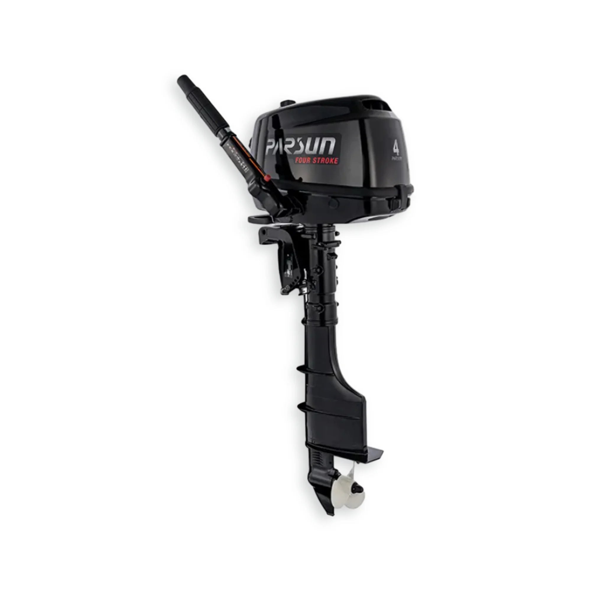 F4BMS Parsun 4hp 4-stroke outboard engine. Side front view showing tiller arm.