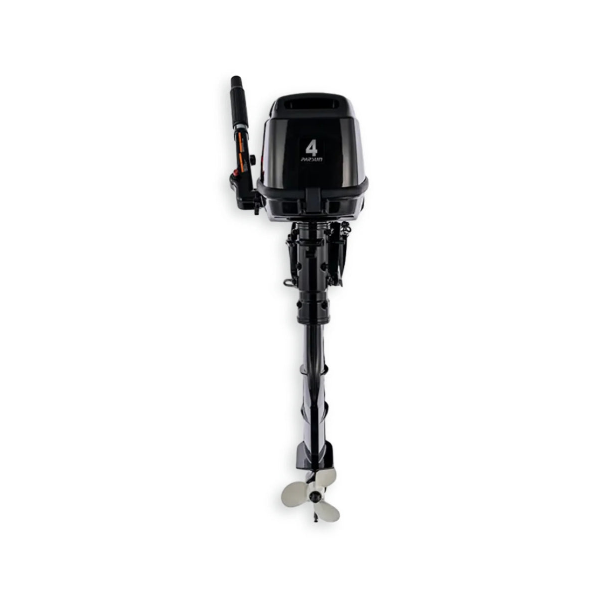F4BMS Parsun 4hp 4-stroke outboard engine. Front view showing "4" sticker and propeller and tiller arm.