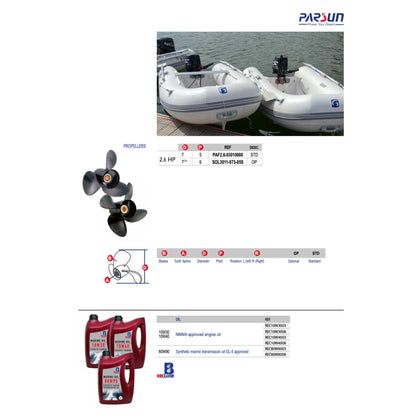 F4BMS Parsun 4hp 4-stroke outboard engine spares sheet showing replacement propellers and oil references on a white background.