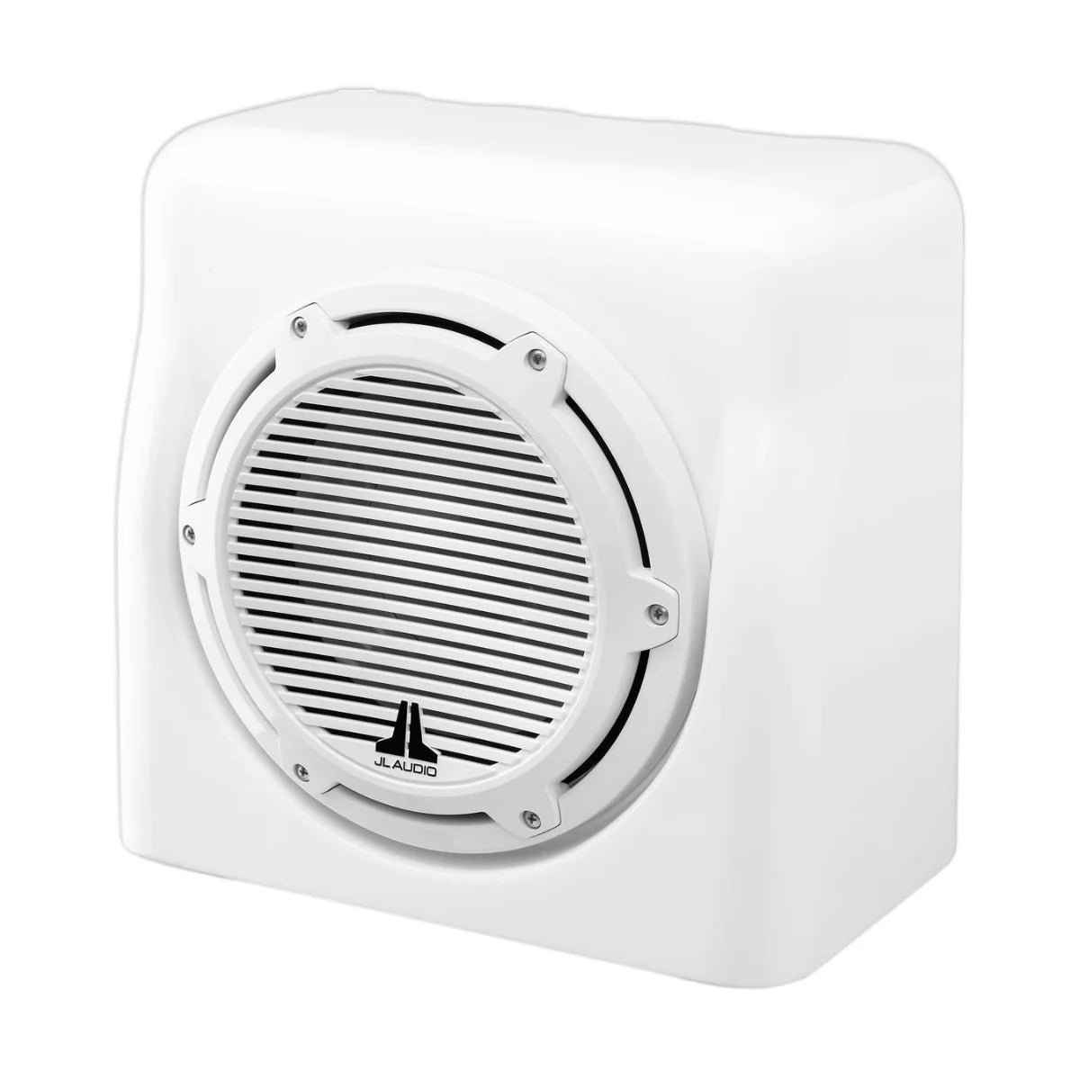 Image of a JL Audio subwoofer and enclosure on a white background.