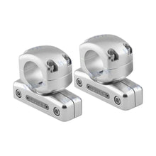 Image of a pair of speaker fixing swivel clamps on a white background.