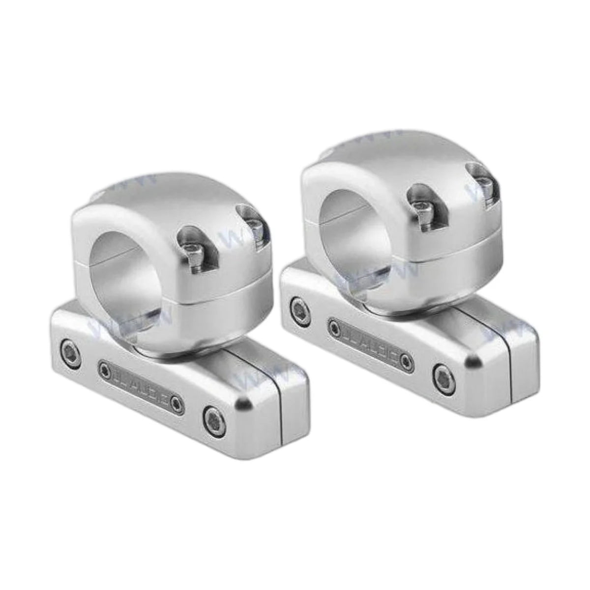 Image of a pair of speaker fixing swivel clamps on a white background.