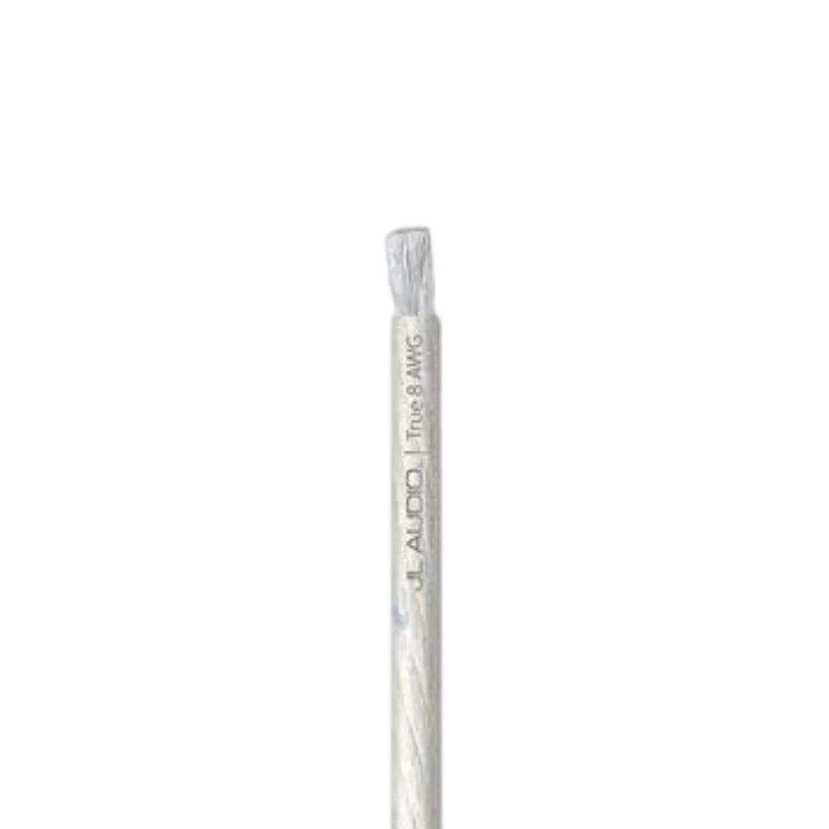 Image of a length of white JL Audio speaker wire on a white background.