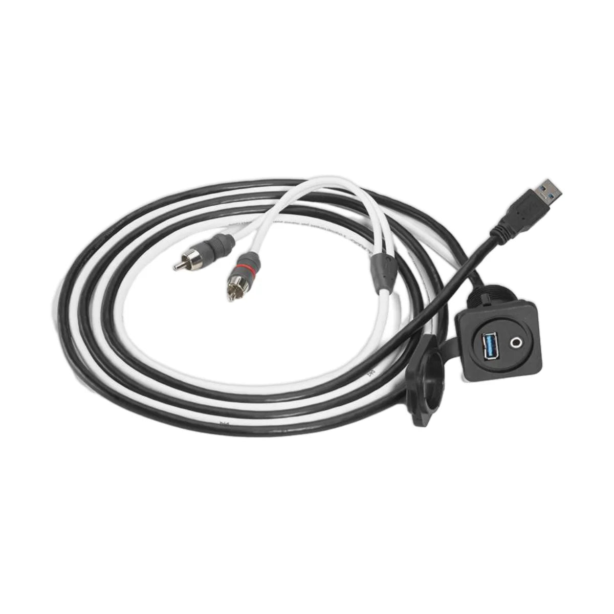 Image of a coiled up audio signal cable with RCA jacks at one end and an AUX input the other end on a white background.