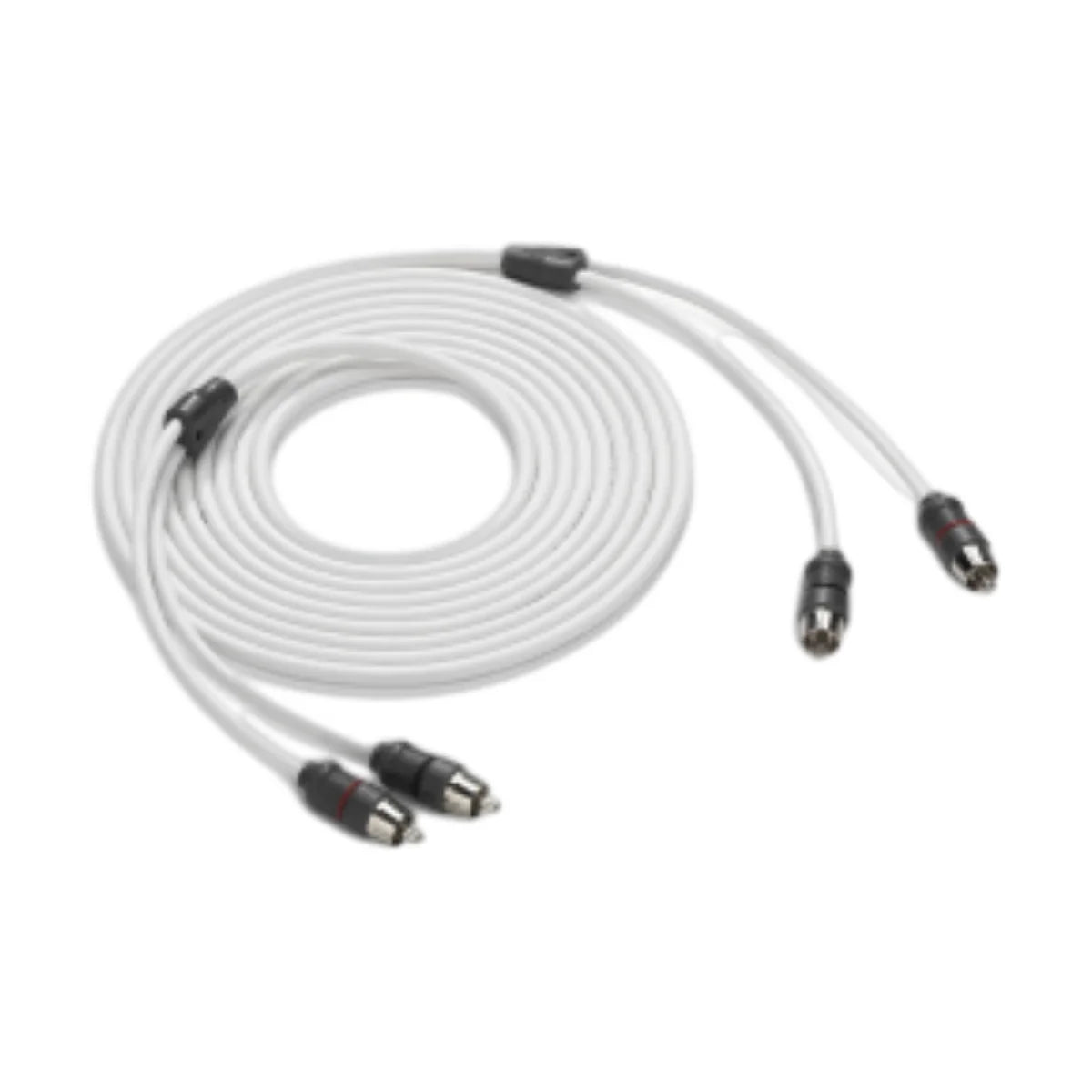 Image of a coiled up audio signal RCA cable with two connectors one each end on a white background.