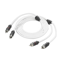 Image of a coiled up audio signal RCA cable with two connectors on each end on a white background.