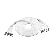 Image of a coiled up audio signal RCA cable with four connectors on each end on a white background.