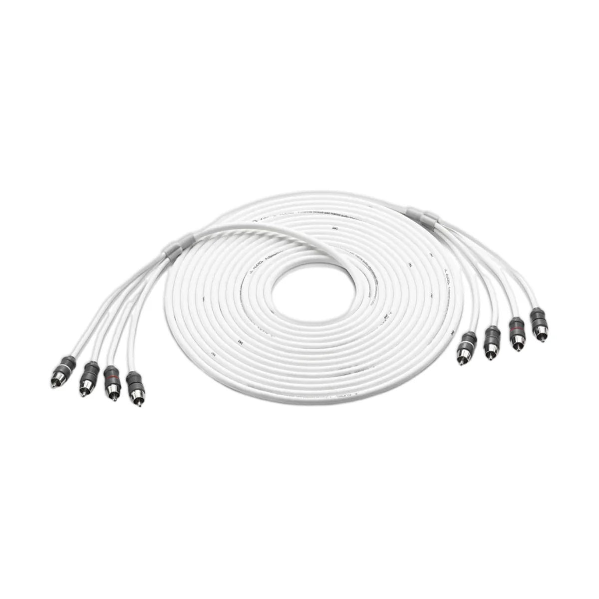 Image of a coiled up audio signal RCA cable with four connectors on each end on a white background.