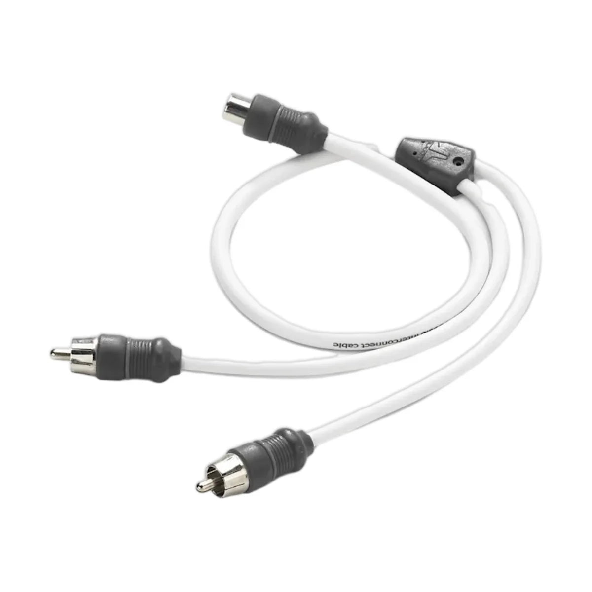 Image of an RCA splitter cable with one female RCA jack and two male RCA jacks on a white background.