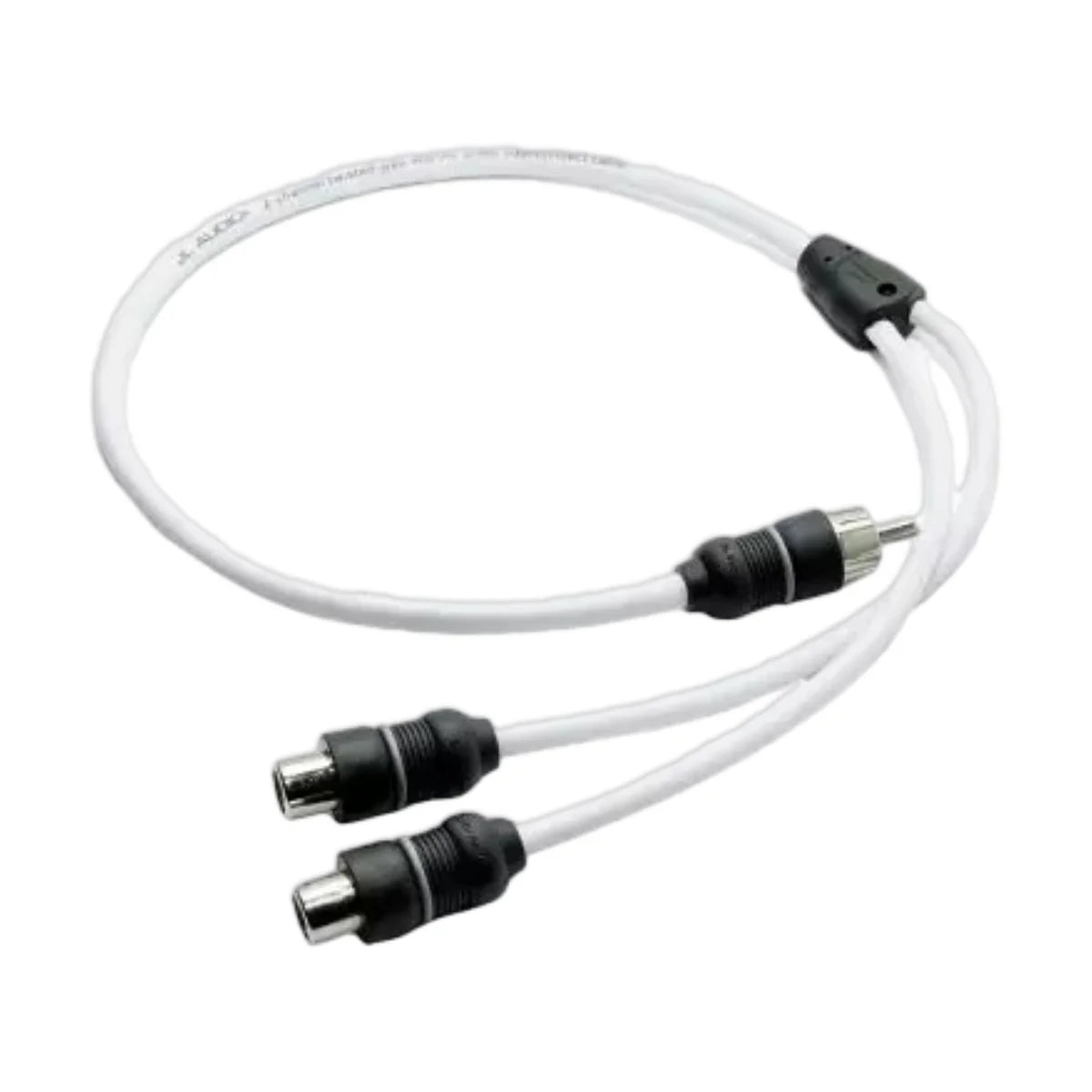 Image of an RCA splitter cable with two female RCA jacks and one male RCA jack on a white background.